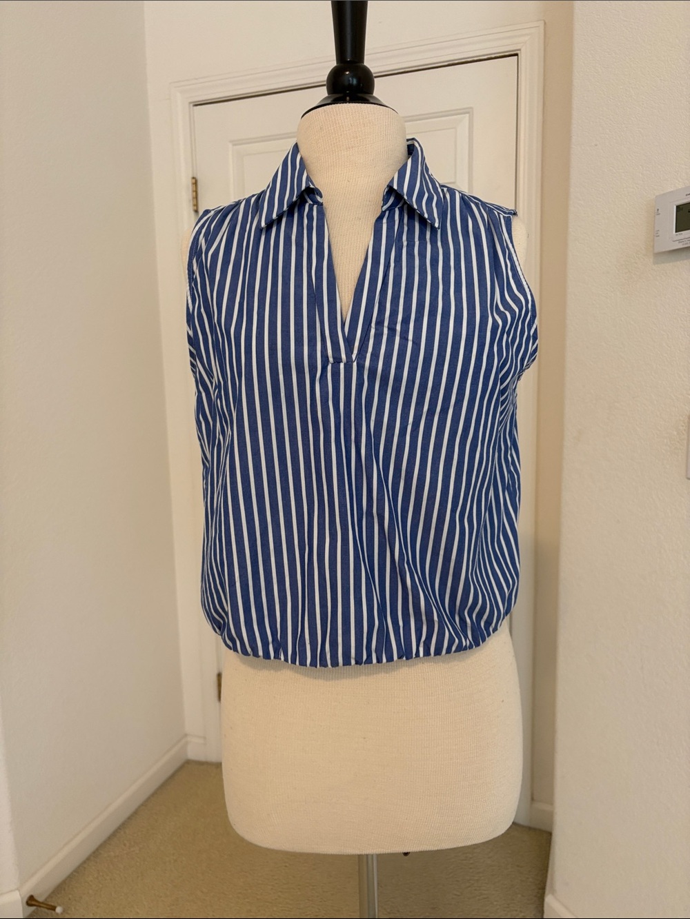 Banana Republic Factory Blue and White Striped Sleeveless Button-Down Blouse